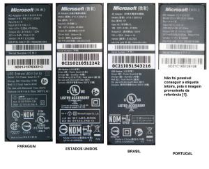 Figura 2 – Etiqueta de 4 fontes de XBOX 360 S. Da esquerda para a direita, e de cima para baixo, as fontes são provenientes de: Paraguai, EUA, Brasil, Portugal [1].